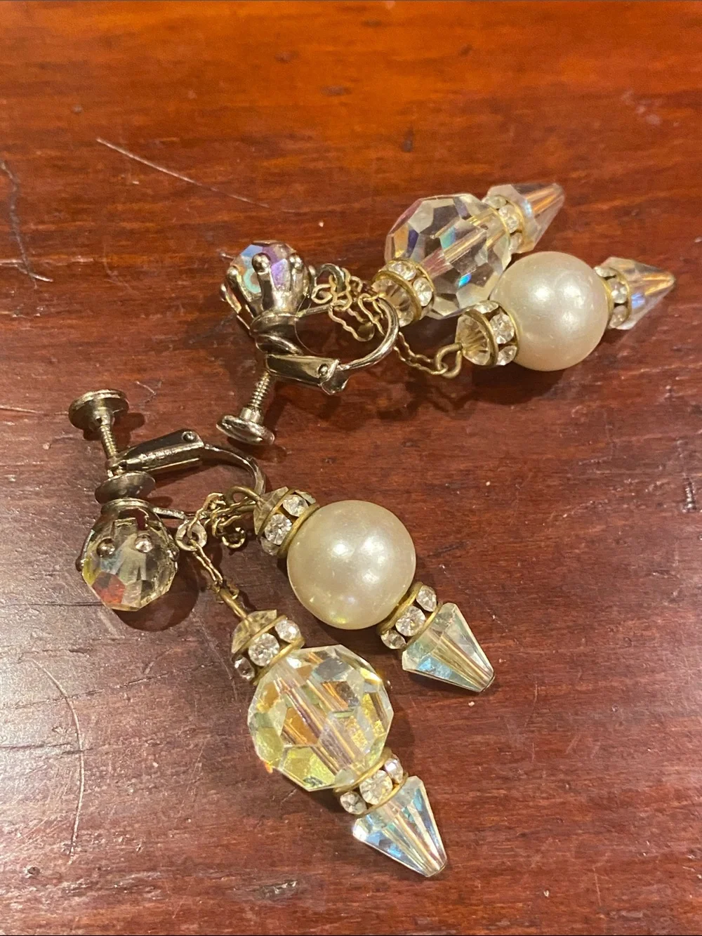 Crystal and Pearl Drop Earrings - Iridescent and White